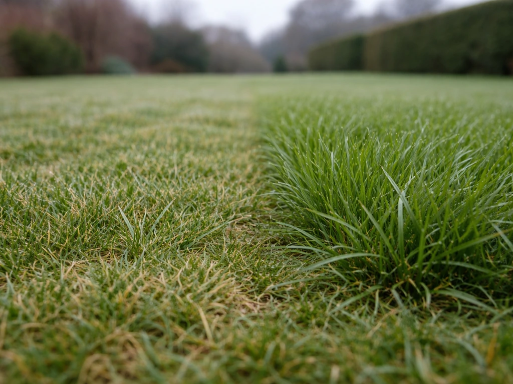 Pelouse en hiver en France : deux zones côte à côte, herbe courte et un peu plus longue, repères de hauteur.