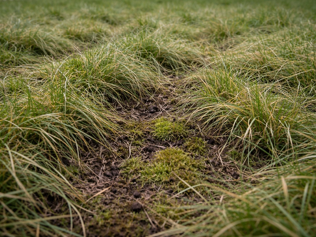 Pelouse d’hiver laissée trop longue, herbe tassée et feutrée sous une lumière froide et naturelle.