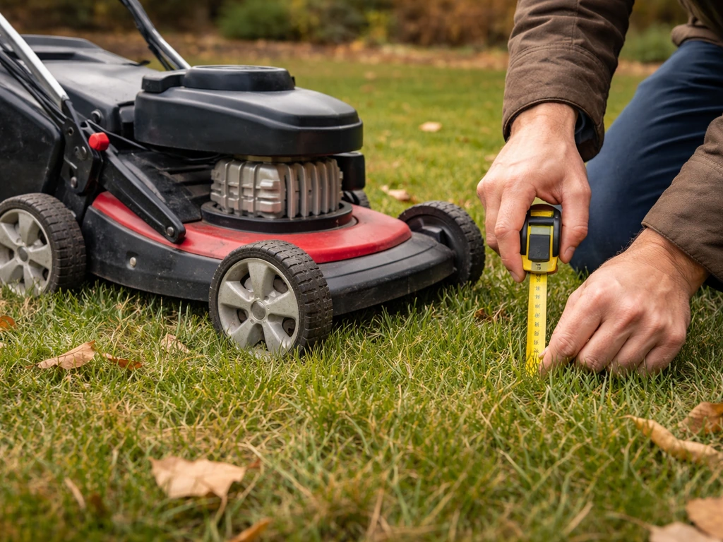 Jardinier règle la hauteur d’une tondeuse et mesure l’herbe à environ 4–5 cm avant l’hiver