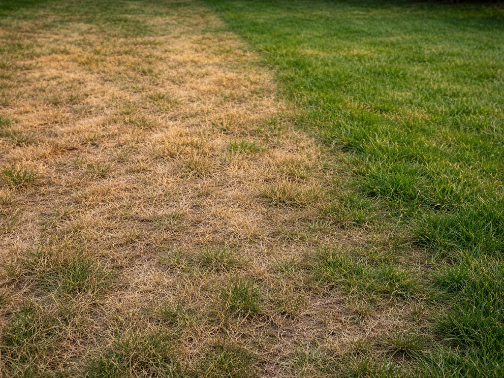 Pelouse avec zones jaune-brun rouille nettement visibles, contrastant avec une zone bien verte à côté.