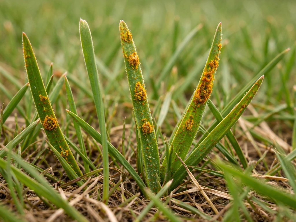 Gros plan de brins d’herbe avec pustules orangées/brunes en relief, aspect rouille sur une pelouse.