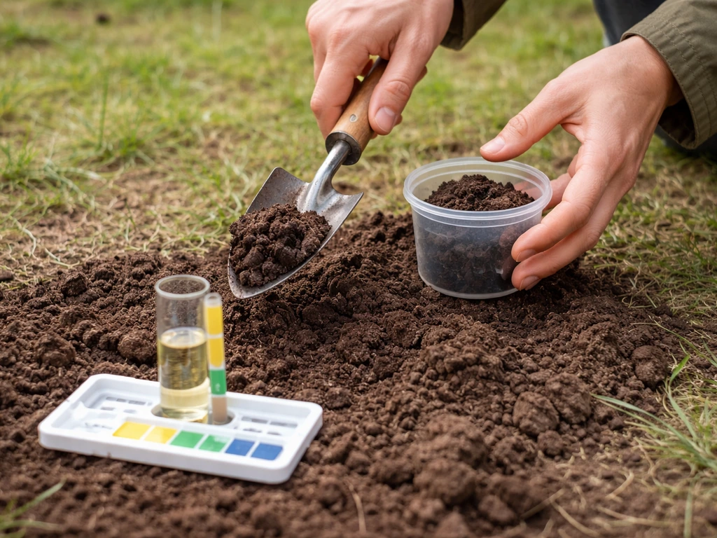 Jardinier récoltant un échantillon de sol et testant le pH dans un petit plateau au niveau du sol.