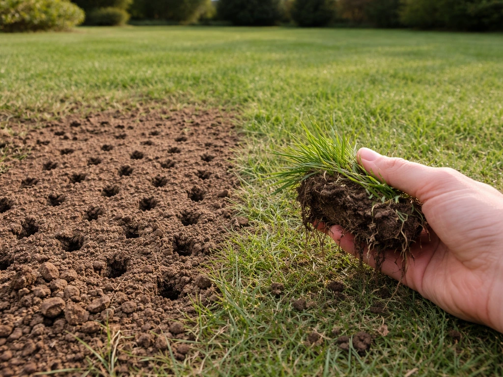 Gazon partiellement carotté montrant des zones compactées et plus aérées dans un jardin.