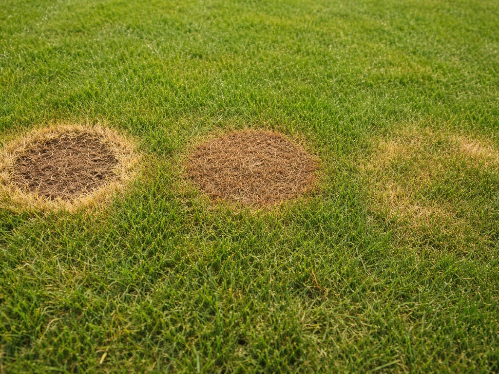 Gros plan sur un gazon avec plusieurs taches brunes : anneau net, cercle et zone floue
