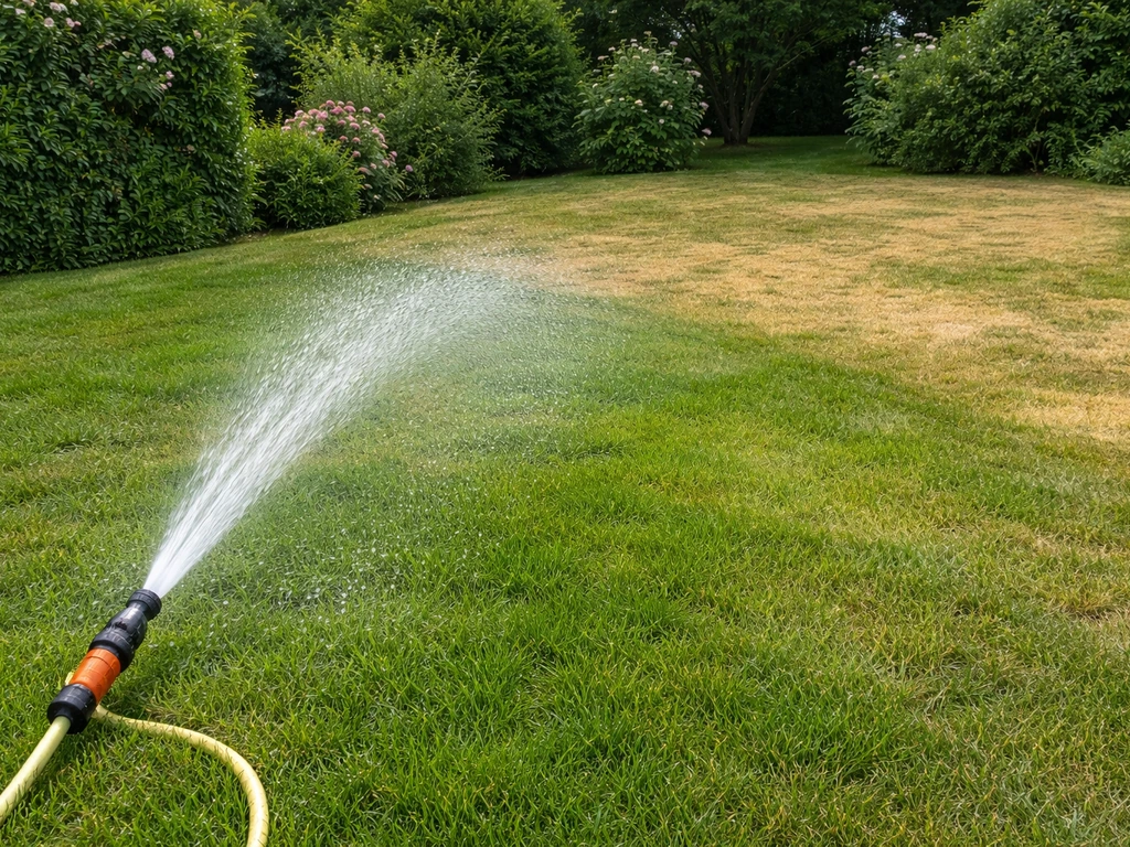 Pelouse en été : jet d’arrosage visible sur une zone bien humidifiée, autres zones partiellement sèches.