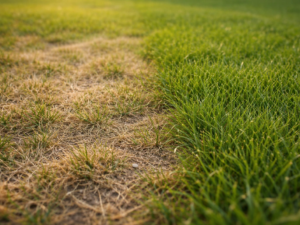 Gros plan d’un gazon : zone jaune clairsemée à côté d’herbe saine verte, différence bien visible.