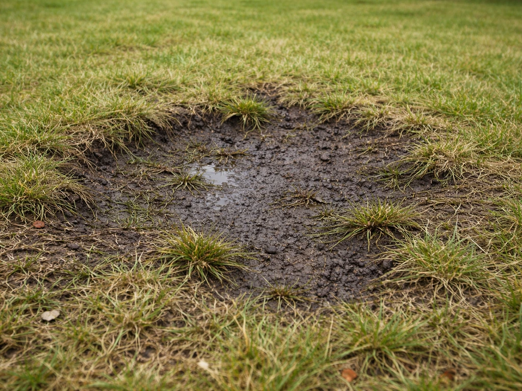 Gazon clairsemé dans une petite cuvette sombre, sol humide et verdure abîmée par l’humidité