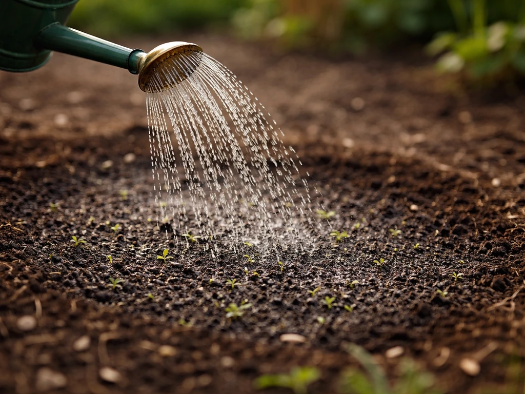 Arrosage fin en pluie légère sur un sol fraîchement semé, juste après la plantation