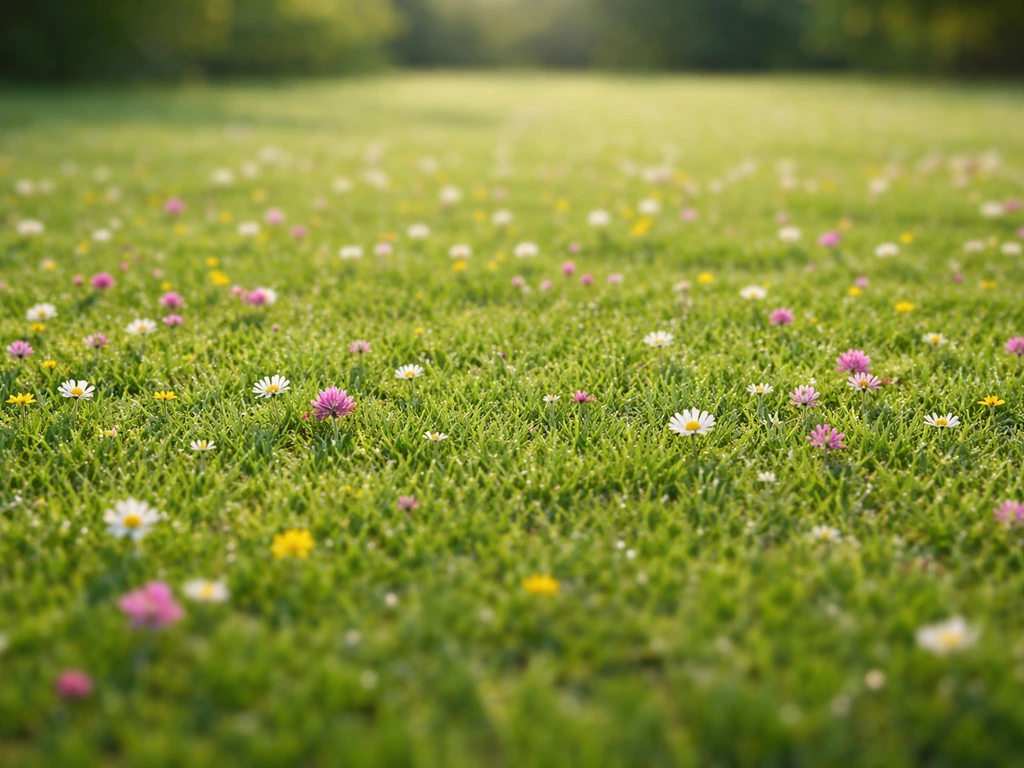 Pelouse très courte avec fleurs basses visibles au ras du sol, tonte rasée nette, lumière naturelle