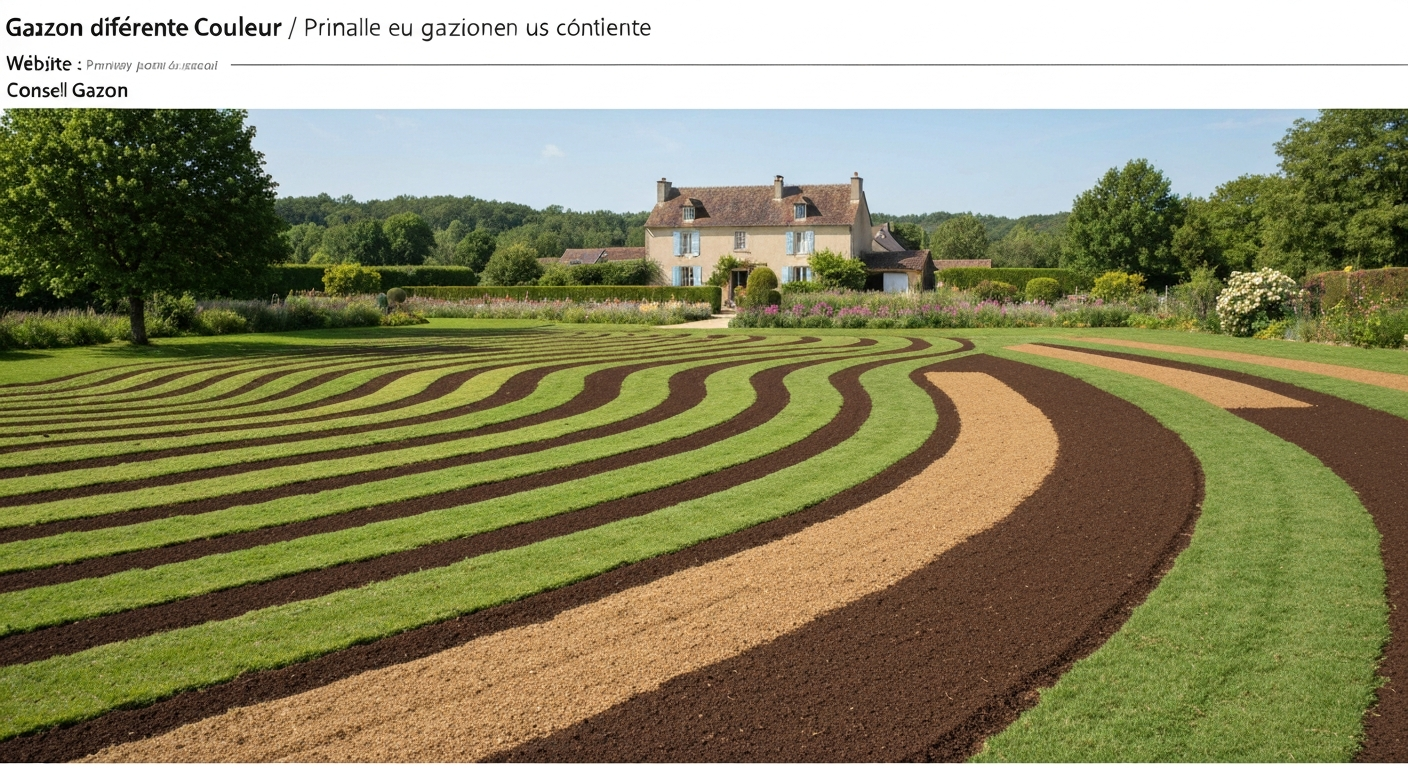 Pelouse de jardin français montrant bandes vertes, zones jaunies, taches brunes et coin ombragé sous un arbre, vue large devant une maison en tuiles.