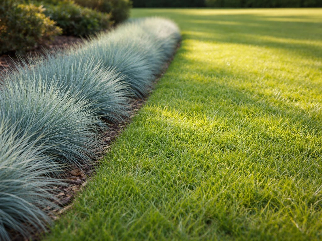 Allée de jardin au soleil avec bordure de fétuque bleue et gazon de couleur dense, effet décoratif naturel.