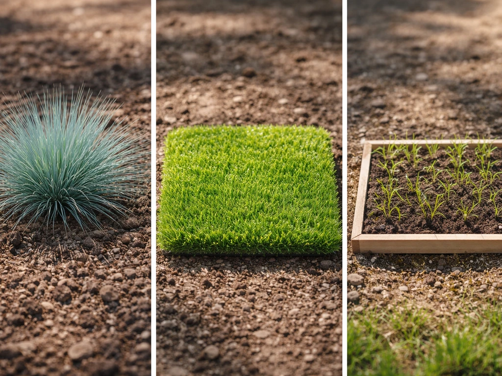 Triptyque photo minimal montrant trois “gazon de couleur” : fétuque bleue, gazon synthétique vert, et semences/jeunes po