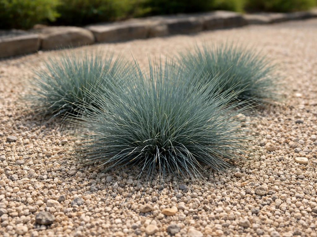 Touffe de fétuque bleue dans des graviers clairs, au plein soleil, sol bien drainant.