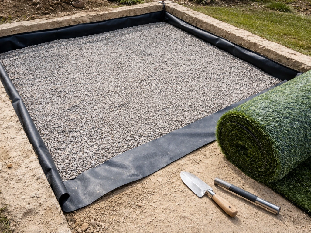Chantier de pose d’une membrane géotextile anti-racines, sol décaissement et rouleaux de gazon synthétique coloré prêts