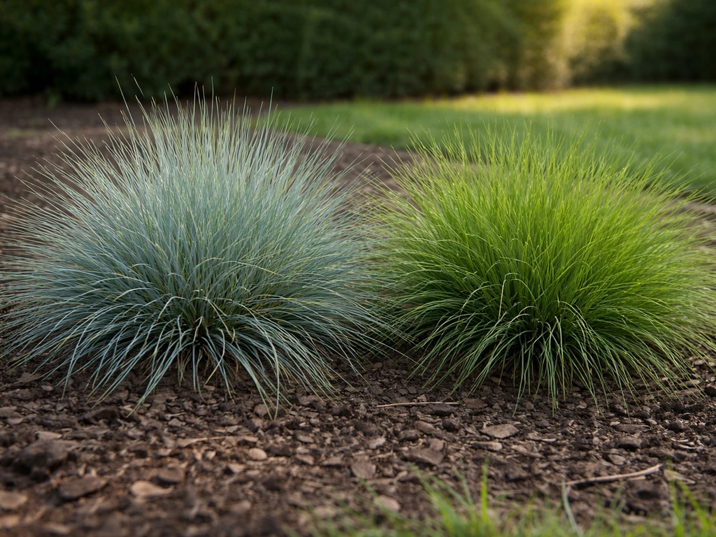 Deux touffes de fétuque bleue : l’une bleutée, l’autre redevenue verte, différence de teinte visible.