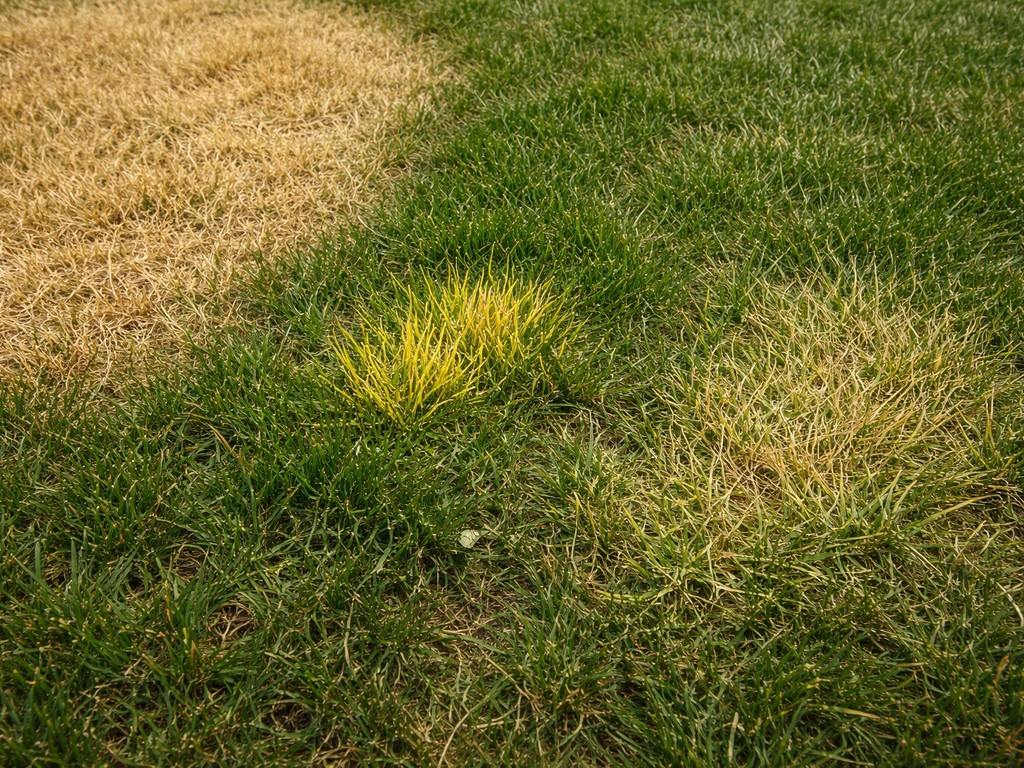 Détails de pelouse jaunie : zones jaune paille homogène, brins jaunes isolés, et brins jaune pâle.