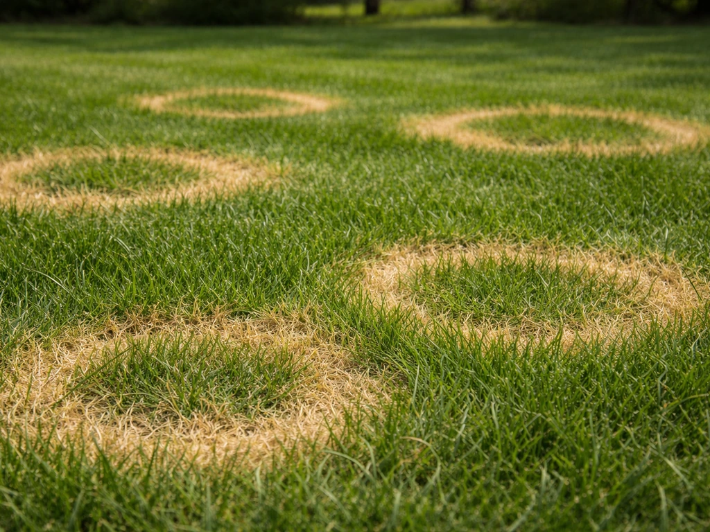 Pelouse avec plaques circulaires jaune paille, contraste net avec l’herbe verte autour.