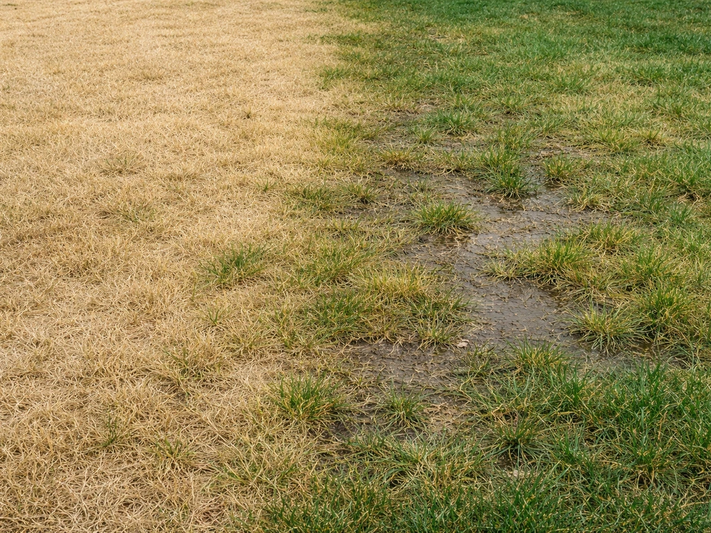 Pelouse qui jaunit : zones brun-jaune distinctes sur fond de jardin, sol visible près de l’herbe.