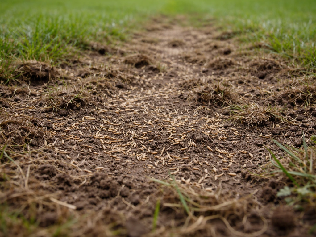 Gros plan de sol de pelouse scarifié, graines prêtes à être regarnies dans une zone abîmée