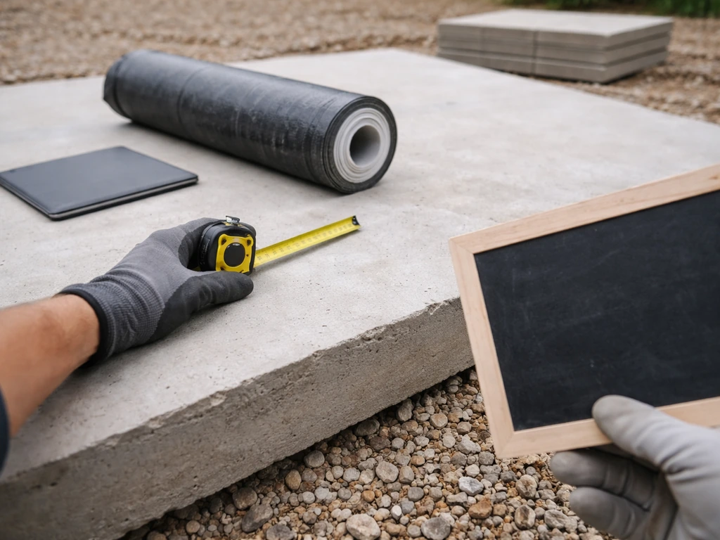 Main gantée mesurant une dalle avec mètre ruban, isolant et carnet vierge sur un chantier.