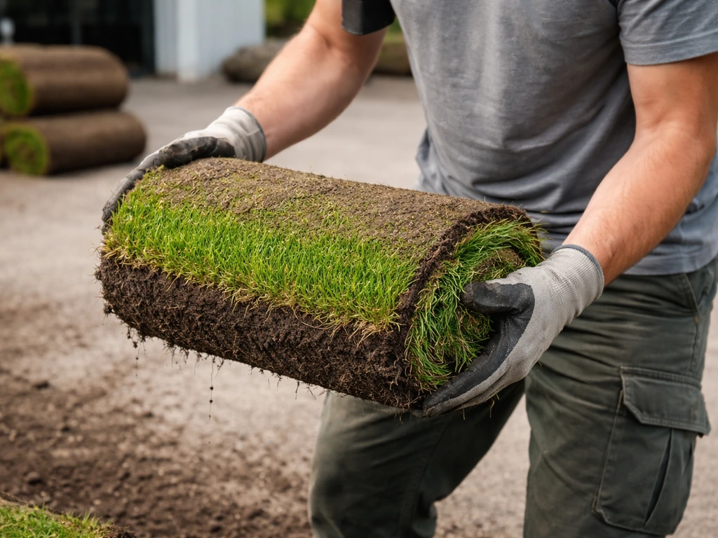 Agent jardinage examine un rouleau de gazon vert vif, motte fraîche et humide, contrôle visuel à la livraison