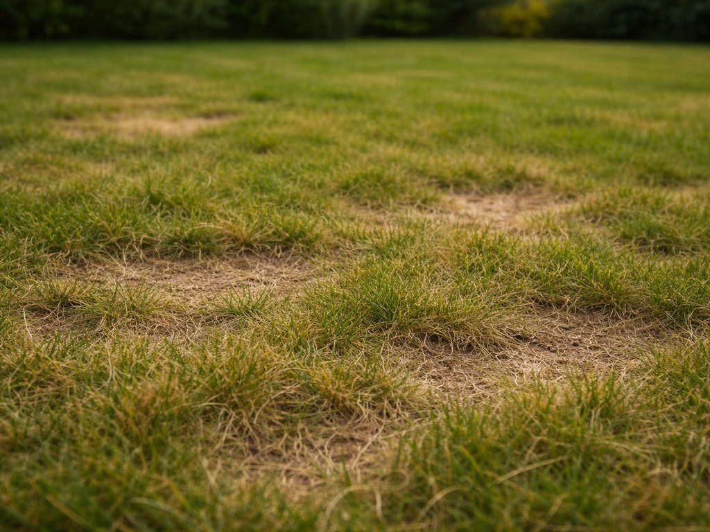Gros plan sur une pelouse jaunie et clairsemée, avec trous et petites placettes de sol visible.