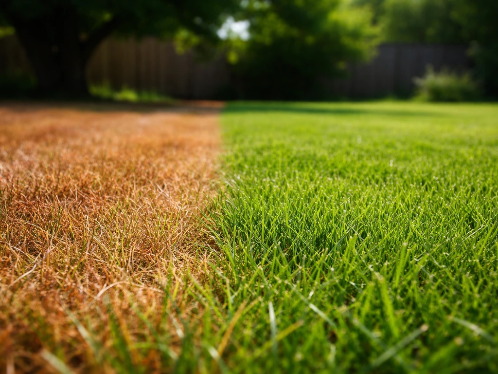 Gazon observé au ras du sol : zone rougeâtre en contraste avec une zone verte, ombre d’un arbre en arrière-plan.