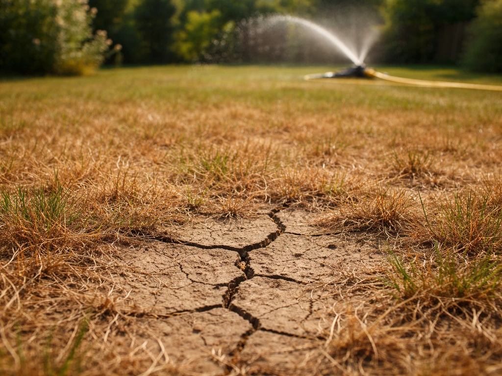 Pelouse très sèche en été, terre craquelée et brins brun-rouge, avec arrosage/ tuyau visible au loin.