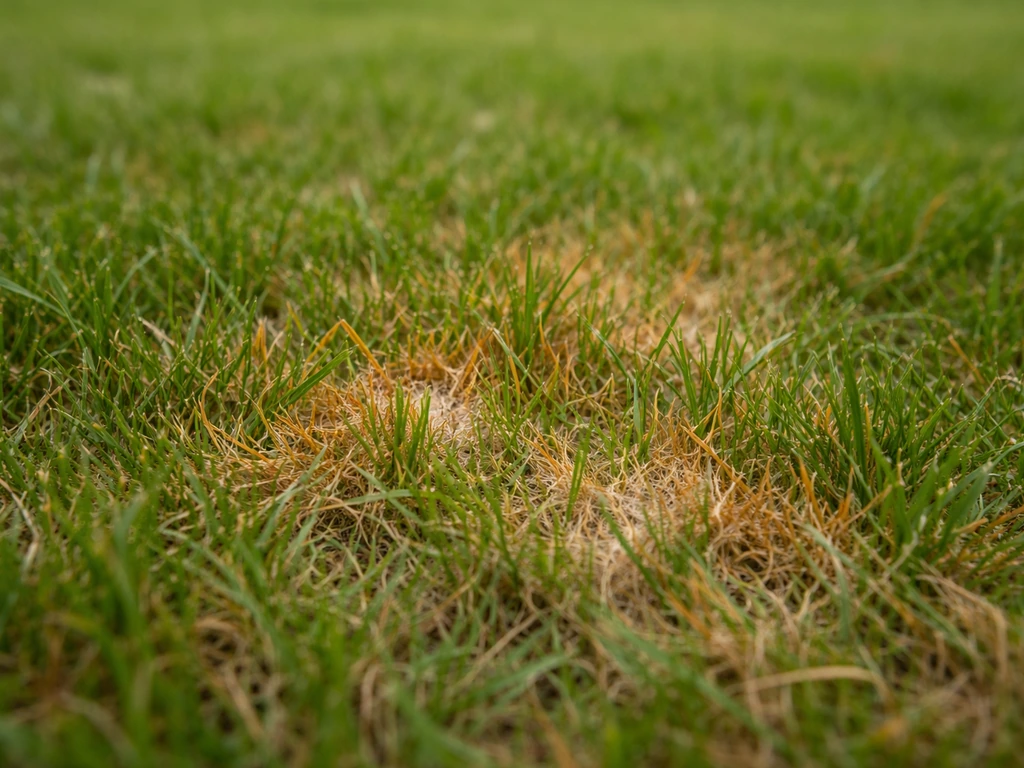 Brins d’herbe de gazon avec petites taches brun-orange typiques d’une maladie fongique, vue rapprochée.