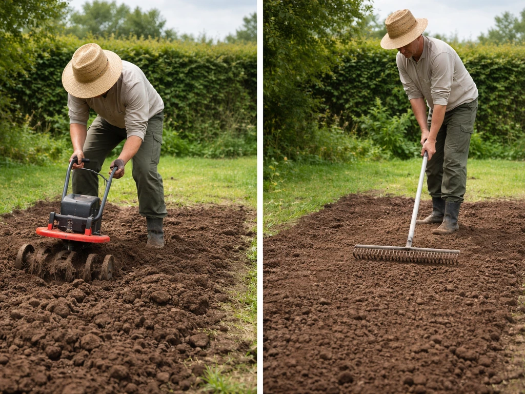 Un jardinier prépare la terre avec une motobêche puis ratisse la surface avant semis.