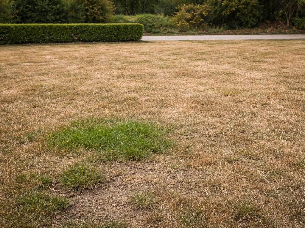 Pelouse française brunie avec une petite zone verte en reprise, vue jardin, aucun texte.