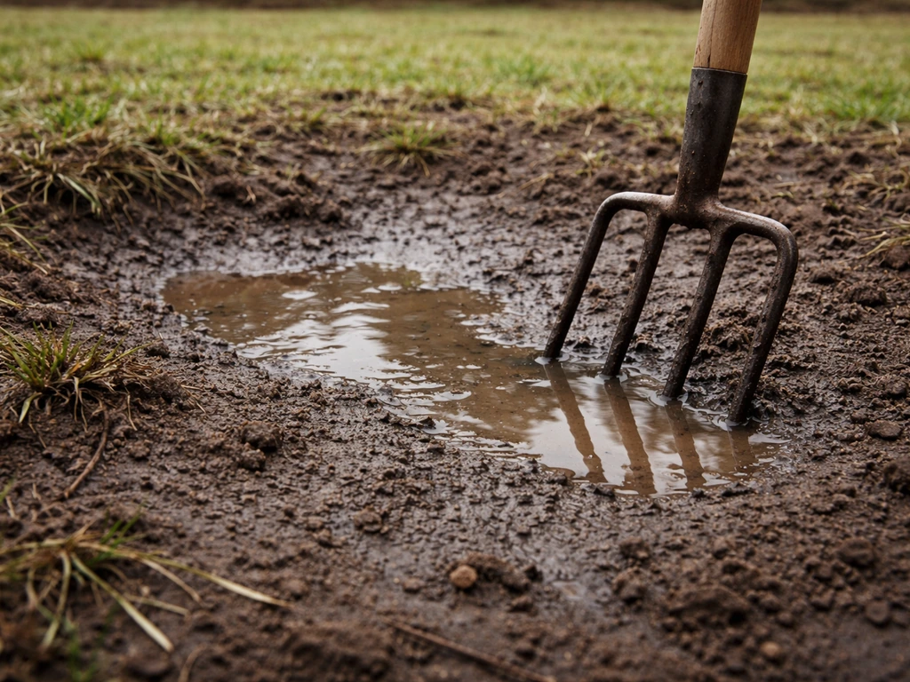 Terrain de jardin compacté avec eau stagnante près d’une fourche à bêcher prête à être utilisée