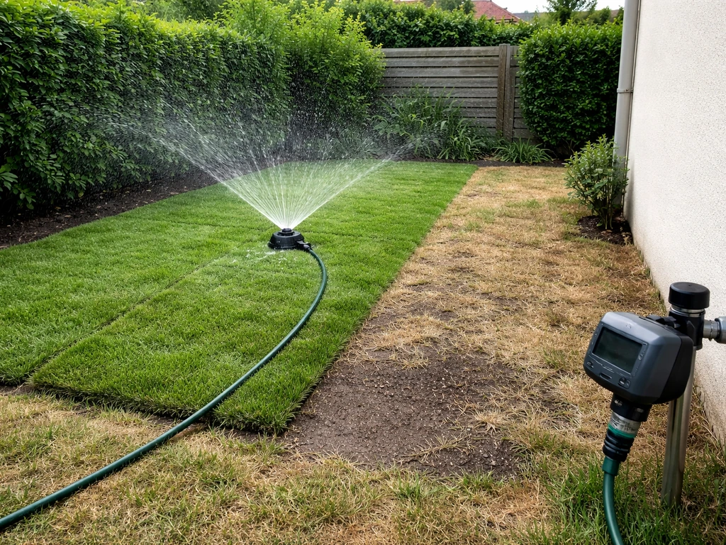 Arroseur en action sur gazon vert, à côté une zone brunâtre et sèche, programmateur d’arrosage près du bord.
