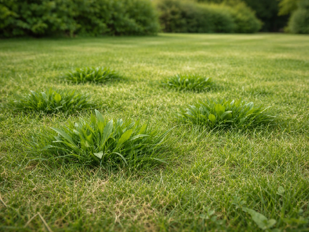 Pelouse française avec touffes de gazon à larges feuilles au milieu d’un gazon fin, lumière naturelle.