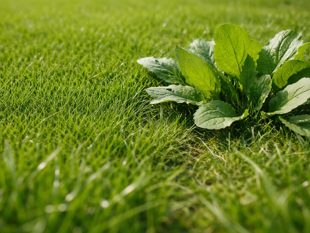 Gazon avec graminées à feuilles fines et touffe d’adventice à larges feuilles, différence de largeur nette.