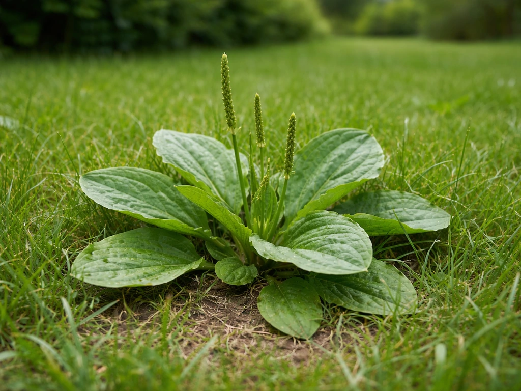 Plantain au ras d’une pelouse, feuilles larges visibles parmi des brins d’herbe verts.