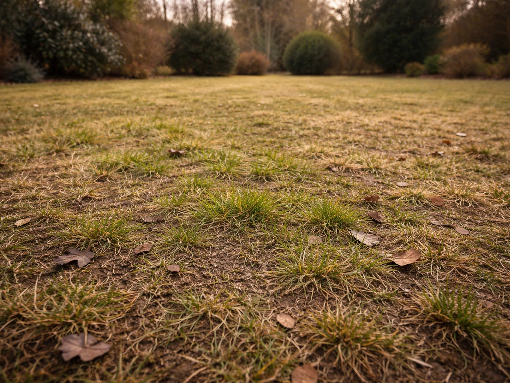 Pelouse de jardin en hiver en France : herbe verte et zones qui reprennent après un redoux.