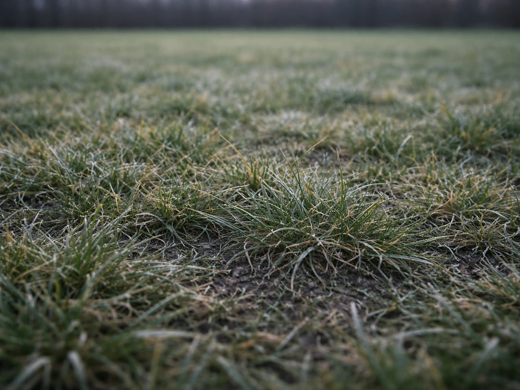 Pelouse d’hiver française aux brins de graminées près du sol, partie vert clair et croissance ralentie.