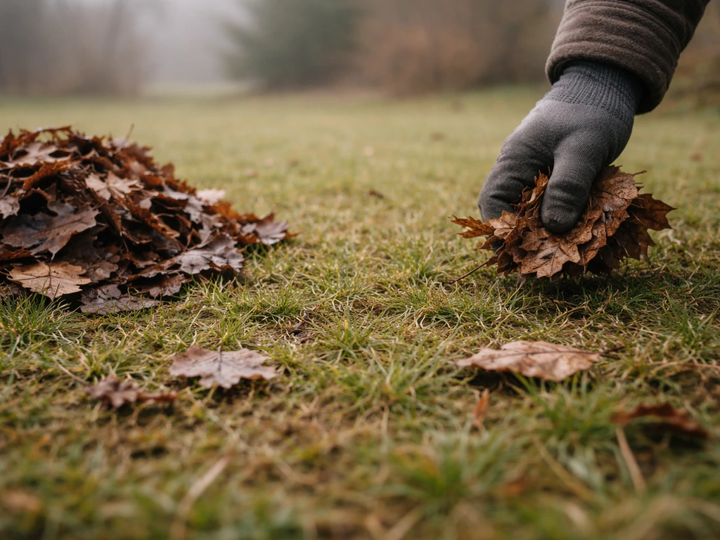 Feuilles mortes retirées d’une pelouse d’hiver, herbe qui respire et lumière au sol.