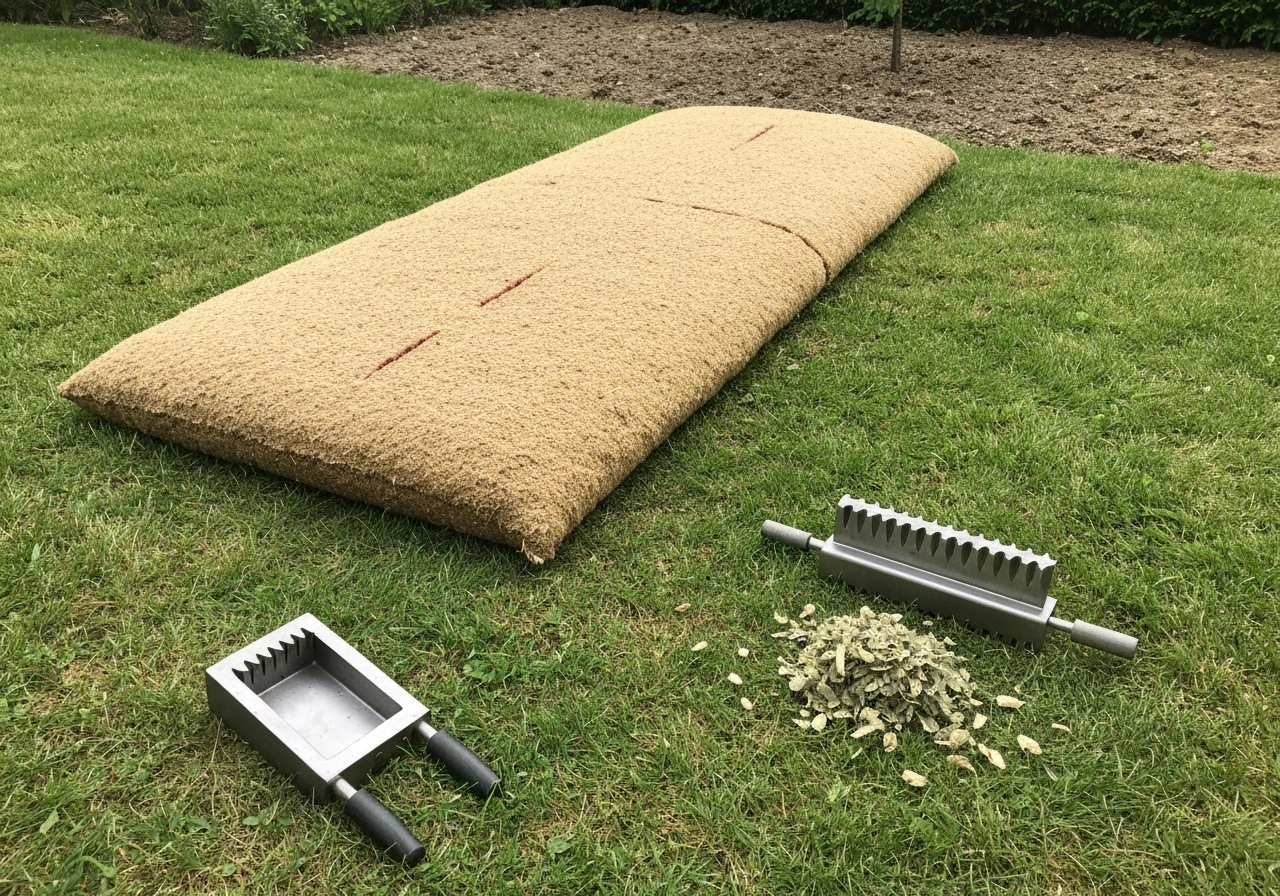 Pelouse avec chaume épais et scarificateur prêt, pour illustrer la scarification à réserver au printemps.