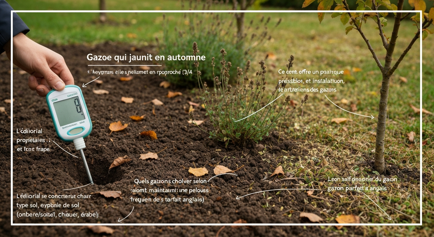 Pelouse en automne avec zones jaunies et verte, main utilisant un testeur d'humidité/pH, feuilles mortes au sol, lumière douce matinale.