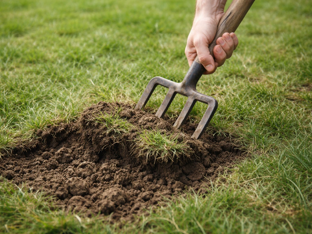 Personne utilisant une fourche-bêche pour aérer un sol compact à travers le gazon