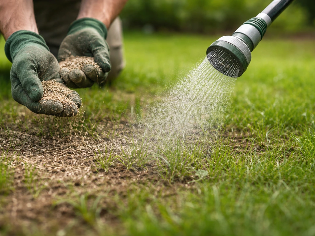 Mains épandant des graines sur une pelouse clairsemée, brumisation fine juste après le sursemis.