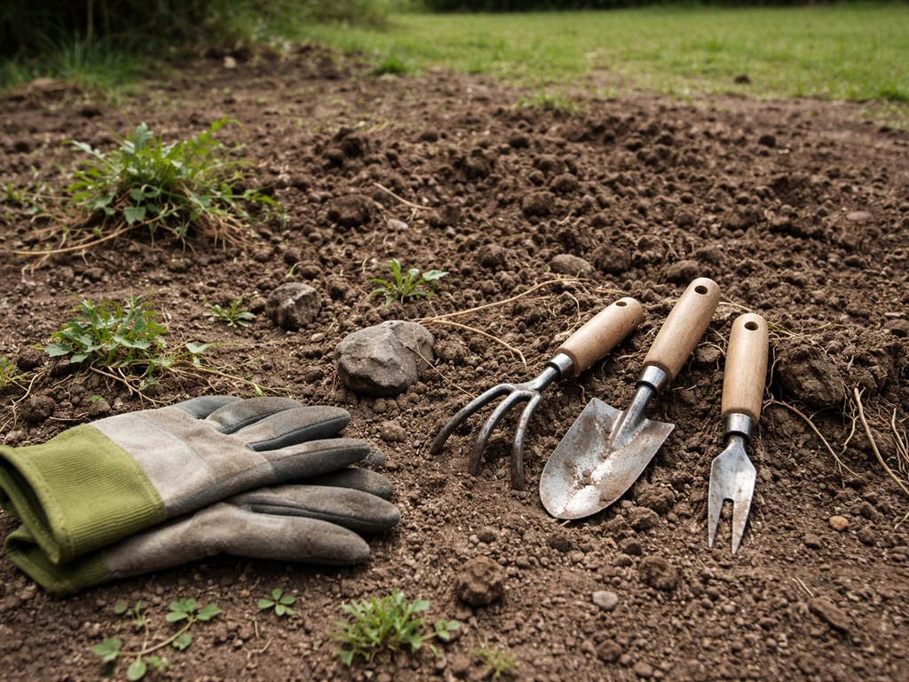 Outils de désherbage posés sur une terre retournée, racines et mauvaises herbes au premier plan.