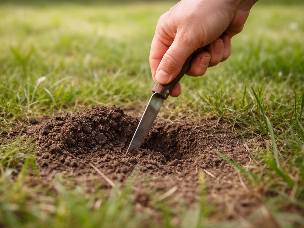Une main teste l’humidité en enfonçant un tournevis/couteau dans la terre à environ 10 cm.