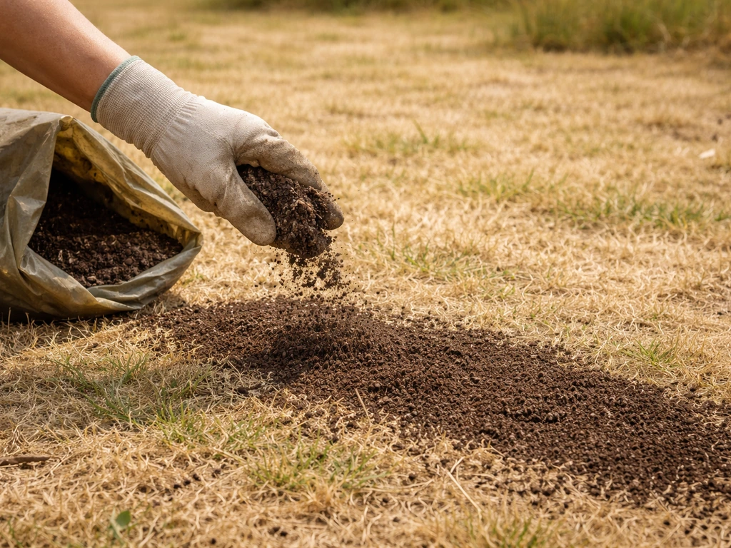 Application de compost finement tamisé en couche fine sur une pelouse jaunie en période de sécheresse