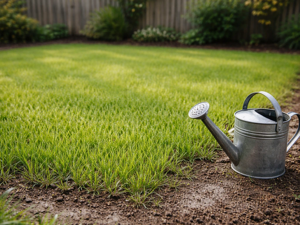 Jeune pelouse dense fraîchement levée, vue de jardin avec arrosoir, ambiance française après semis