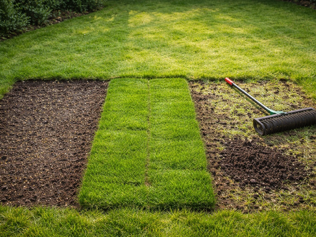 Trois zones de pelouse côte à côte : semis, rouleaux de gazon et regarnissage dans un jardin.