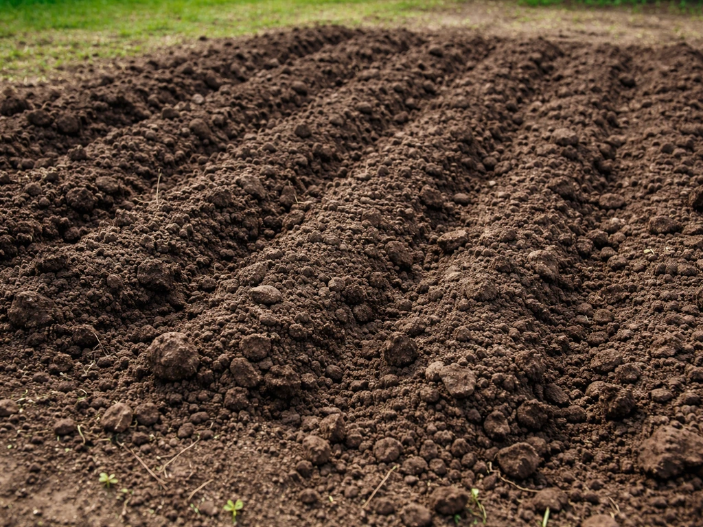 Sol fraîchement travaillé : fraise ou bêche laisse une terre meuble avec mottes cassées.