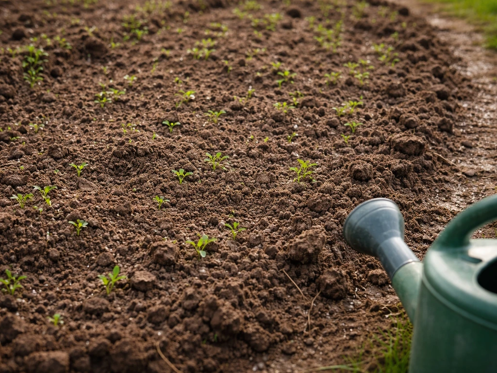 Jardin potager : sol arrosé, petites adventices levées en rang discret, prêt pour le faux-semis.